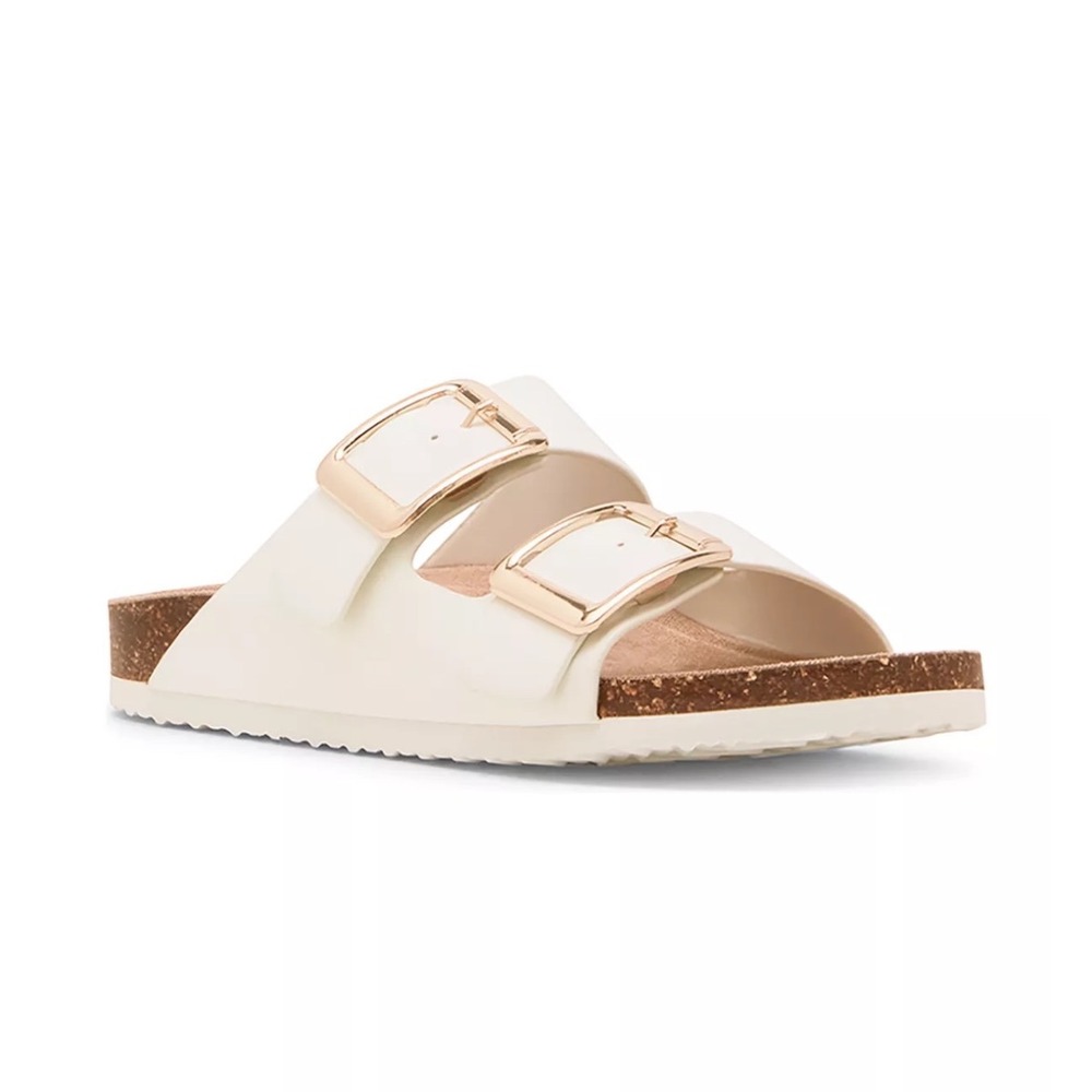 Madden Girl Bodiee White Patent Double Buckle Slide Footbed Sandals 8.5M